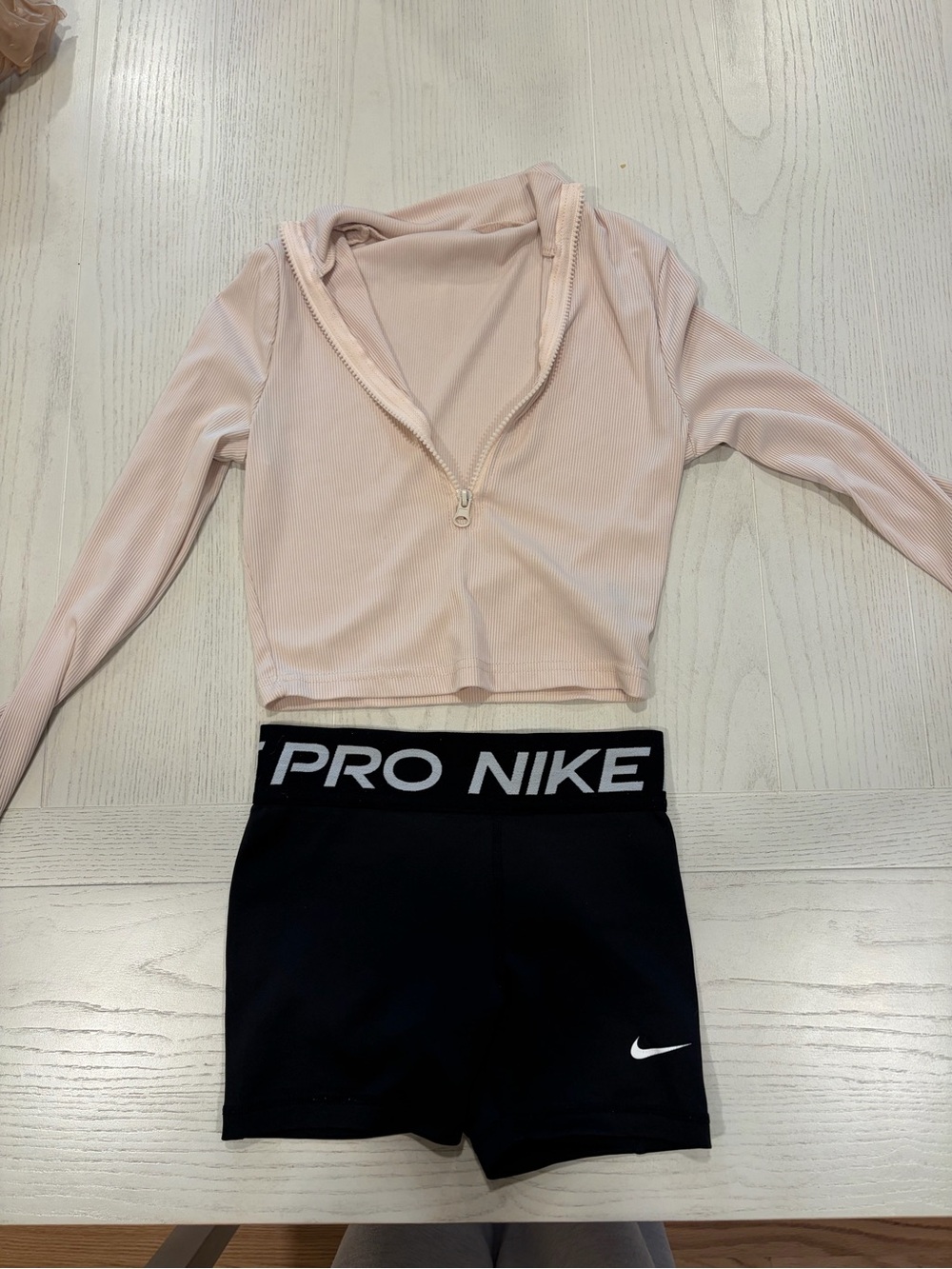 Nike Pro Black Workout Shorts with Light Tan Zip Crop Top